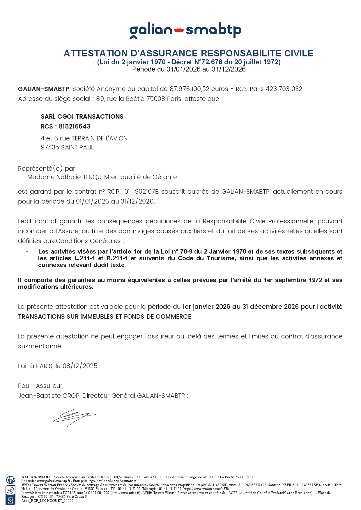 Attestation d'assurance responsabilité civile professionnelle